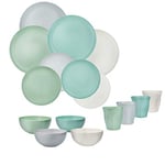 Colourworks Melamine Dinner Set with Plastic Bowls, Plates and Cups, Classics Colours, 16 Pieces