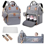 Fexkean Sac à Dos à Langer pour Bébé, Sac à Dos Pour lit bébé, Sac à langer de voyage portable avec lit pliable Grande Capacité Sac à Couches Multifonction Imperméable-(Gris)