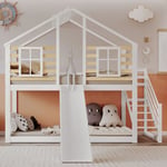 Lit superposé et mezzanine enfant 90 x 200 cm en forme de cabane avec toboggan et protection antichute, bois et mdf, 1 sommier inclus, blanc