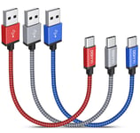 Cable USB C Court 0.3m Lot de 3,3A Charge Rapide Cable USB vers USB C Nylon Tressé Cordon pour iPhone 15/15 Pro,Samsung Téléphones,Android Auto,Allume Cigare USB C,Power Bank