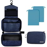 Larkumio Trousse de Toilette Homme Femme Voyage, Trousses Toilette Grande Capacité à Suspendre avec Crochet et Poignée, 1 Trousse de Toilette + 2 Sac à Cordon, Bleu Foncé