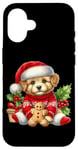 Coque pour iPhone 16 Chiot mignon en bonnet de noel avec biscuit au pain d'épice