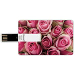 64G USB Flash Drives Credit Card Shape Rose Memory Stick Bank Card Style Blooming Fresh Pink Roses Festive Bridal Bouquet Romance Sweetheart Valentine Decorative,Pink Pale Green Waterproof Pen Thumb L