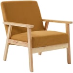 Fauteuil vintage / scandinave structure en bois et contreplaqué et assise en velours côtelé coloris moutarde