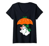 Womens Ghost Holding Pumpkin Umbrella Halloween Girls Kids Womens V-Neck T-Shirt