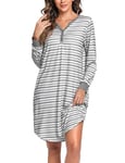 Nieery Chemise de Nuit Femme Manche Longue à Rayures en Coton avec Poche mi-Longue col en V Pyjama Femme Hiver Robe de Nuit Ample Grande Taille Nuisette Femme Coton