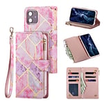 UEEBAI Wallet Case for iPhone 11 6.1 inch, Premium PU Leather Magnetic Closure Geometric Marble Pattern Handbag Zipper Pocket Case Kickstand Card Slots Shockproof Flip Cover for iPhone 11- Pink&Purple