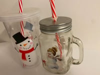 Cups - Fun Christmas Plastic And Glass Mason Jars With Lid And Straw - Set of 2