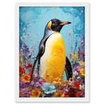 Artery8 King Penguin in Colourful Floral Flowers Nest Thick Paint Oil Painting Yellow Black Blue Colourful Artwork Framed A3 Wall Art Print