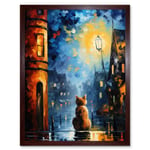 A Street Cat Named Desire Palette Knife Oil Painting Ginger Cat Village Night Art Print Framed Poster Wall Decor 12x16 inch