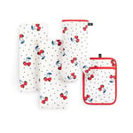 Kate Spade New York Cherry Dot Kitchen Towel, Oven Mitt & Pot Holder 4-Pack Set, 17" x 28", 7" x 13", 7" x 10", White/Red/Blue