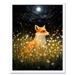 Watching the Fireflies Dance Happy Fox over a Wildflower Meadow Oil Painting Orange White Blue Full Moon Spring Night Dreamy Landscape Art Print Frame