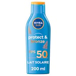 NIVEA SUN Lait solaire activateur de bronzage Protect & Bronze FPS 50 (1 x 200ml), crème solaire avec protection solaire UVA/UVB pour un hâle naturellement bronzé