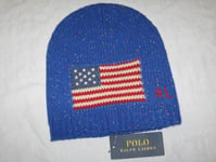 BNWT  RALPH LAUREN Rib Knit Lambswool Blend American Flag Beanie Hat  Blue