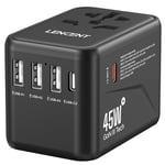 LENCENT Adaptateur de Voyage Universel Chargeur International GaN III 45W avec 3 Ports USB & Charge Rapide Type C Adaptateur Mondial pour iPhone, Samsung, Ordinateur Type A C G I USA/UK/EU/AUS Noir