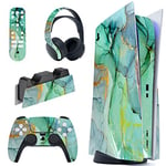 PlayVital Kit de Autocollants Skin Decal pour ps5 Sticker Vinyle pour ps5 Console&Manette&Station de Charge&Casque&Télécommande Média-Édition Régulière-Effet marbre Turquoise