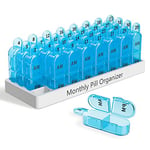 Monthly Pill Box Organiser 2 Times A Day Am Pm, Medicine Box with 32 Compartments to Hold Vitamin Pills, Tablet Box with Easy Open Design for Children Elder and Arthritic Hands - Blue