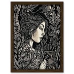 Artery8 Woman with Crow in a Field Black and White Linocut Artwork Framed Wall Art Print A4