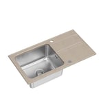 QUADRON Evier Beige + Acier | Taille 78 x 43 x 20 cm | Evier en granit RALPH 111 Evier simple de cuisine avec chambre en acier | granit & inox | avec siphon et bouchon à visser | avec égouttoir