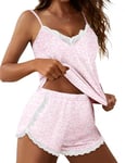 Ekouaer Ensembles de Pyjama Femme Sexy Satin Pyjama Court Vêtements de Nuit avec Pantalon et Camisole Lingerie, Léopard Rose, M