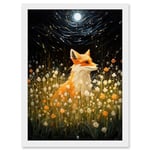 Artery8 Watching the Fireflies Dance Happy Fox over a Wildflower Meadow Oil Painting Orange White Blue Full Moon Spring Night Dreamy Landscape Artwork Framed A3 Wall Art Print