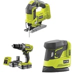 Ryobi R18JS-0 ONE+ Jigsaw with LED, 18 V (Body Only) - Green/Grey & Ryobi R18PD3-215GZ 18 V ONE+ Cordless Combi Drill Starter Kit & Ryobi R18PS-0 18V ONE+ Cordless Corner Palm Sander