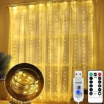 Guirlandes Lumineuses Rideau,3M3M Chambre led usb Couleur Chaude Rideau Lumière, 8 Modes Télécommande minuterie Deco pour Rideau De Mariage