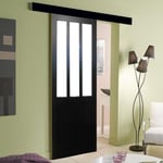 Porte Coulissante Atelier En Enrobe Noir Largeur 73 + Rail Bandeau Noir + 2 Coquilles Posees