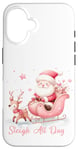 Coque pour iPhone 16 Père Noël rose clair traîneau neige renne neige hiver