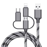 3 i 1 Multi Snabbladdningskabel 3A Nylon Flätad USB A till Lightning/Type C/Micro USB Laddare