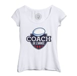 T-Shirt Femme Col Echancré Coach De L'année Rugby Sport Ballon Stade Xv