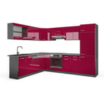 Vicco - Cuisine en angle R-Line, Bordeaux haute brillance/anthracite, 227 x 287 cm sans plan de travail