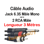 1 Câble 1 Jack 6,35 Mâle MONO vers 2 RCA Mâle Fiches Surmoulées Longueur  3 M