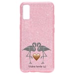 Coque Iphone XR paillettes rose flamant coeur personnalisee