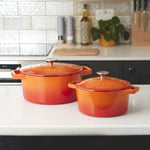 Cast Iron Pot Pan Casserole Dish Set Cooking Hob Oven 2 Piece 20cm 26cm Orange