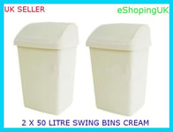 New Cream Swing Top Large 2 X 50 Litre Plastic Rubbish Waste Paper Bins kitchen