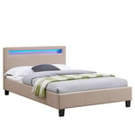 IDIMEX Lit LED Simple 120x190 cm avec sommier, tête de lit Confortable, lit 1 Place revêtement en Tissu Beige, Marisela