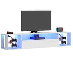 DlandHome Meuble TV Flottant avec Lumières LED 140cm Meuble TV Suspendu Brillant avec Rangement Étagère Banc TV Mural Flottante Console Multimédia avec Crochets pour Manettes & Crochet pour Casque