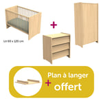 Sauthon Chambre bébé complète Cannelle Chêne Miel: lit 60x120, commode, armoire, plan à langer offert