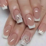 Nude Fake Nails Tips Square French Press on Nails Rhinestone Medium Length Wear Artificail Nails for Nail Art Manicure Decoration,24pcs