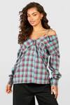 Womens Checked Cold Shoulder Shirt - Blue - 8, Blue