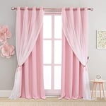 SOFJAGETQ Pink Double Layer Curtains 90 Inch Length- Mix and Match Pink Blackout Curtains with White Sheer Voile for Bedroom and Living Room, Pink Light Blocking Curtains, 52 x 90 inch