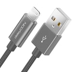 deleyCON 2m Lightning 8 Pin Câble de Charge USB Apple MFI pour iPhone 14 Pro Max 14 Pro 14 Plus 14 SE 13 Pro Max 13 Pro 13 Mini 12 Pro Max 12 Pro 12 Mini Bouchons Métalliques Câble Nylon - Gris