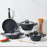 Karaca Biodiamond Powerful 7- Piece Induction Cookware Set - Non-Stick Pots and Pans Set, 3 Pots with 3 Glass Lids & 1 Frying Pan, PFOA Free, Dishwasher-Safe, Induction Pot and Pan Set, Black