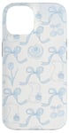 Coque pour iPhone 14 Esthétique Bleu Clair Nœud Coquette Fleur & Lapin Cute Girl