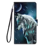 Coque Compatible pour Samsung Galaxy A35 5G Étui Silicone Kickstand Drôle Motif Housse PU Cuir Clapet Rabat Case Cover Antichoc Bumper Magnetique Portefeuille (Loup 1)