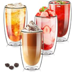 TKNO Set of 4 450ml Double Walled Tall Coffee Glasses Mugs Cups, for Coffee Tea Milk Juice Ice Cream Dessert Borosilicate Heat Resistant Large Glass Cups, Microwave Safe, Ideal for Hot and Cold Drinks