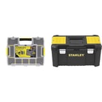 STANLEY Sortmaster Stackable Storage Organiser for Tools, Small Parts, Adjustable Compartments, 1-97-483 & STST1-75521 Essential 19 Toolbox with Metal latches, Black/Yellow, Inch