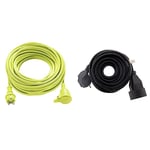 Masterplug Rallonge électrique 25m, Câble IP44 pour Jardín, Prolongateur Chantier 16A at 3000w, Câble Vert 3G1,5 mm² & Prolongateur 16A 2P+T HO5VV-F 3G1,5mm² Noir 5m