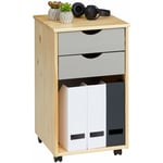 Caisson de bureau kano, meuble de rangement sur roulettes avec 2 tiroirs et 1 niche, en pin massif naturel et gris - Naturel/Gris